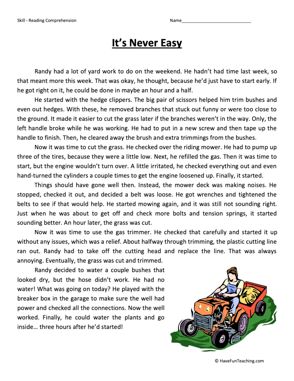 Reading passage about Randy's yard work, delayed by broken clippers, mower trouble, and other problems.