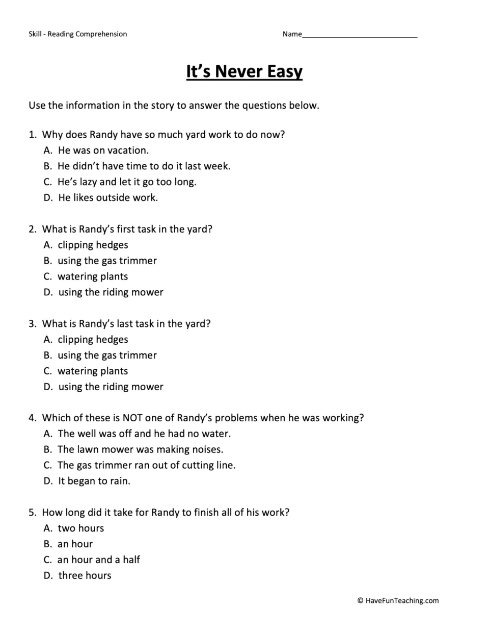 Five comprehension questions about why Randy has yard work, his first and last tasks, problems, and time.