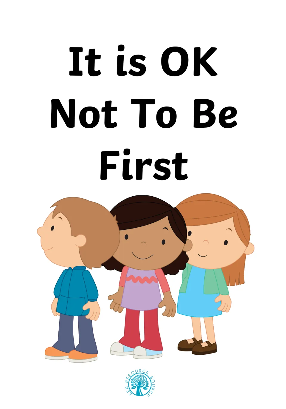 Cover of the It is OK Not To Be First social story, showing three smiling children standing side by side in a line