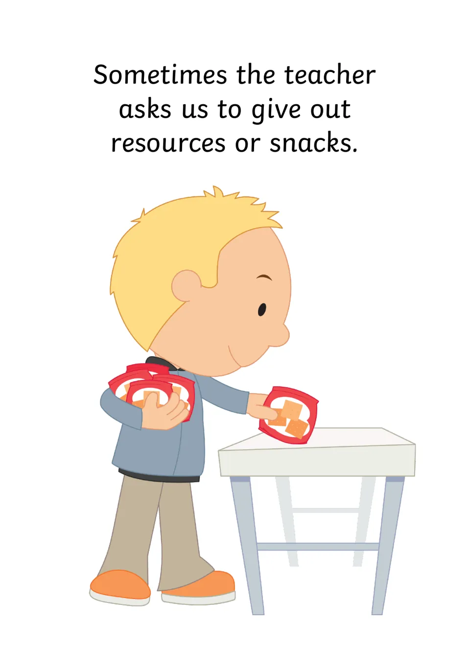 Giving out resources or snacks when the teacher asks: a social story page showing a boy placing snack bags on a table