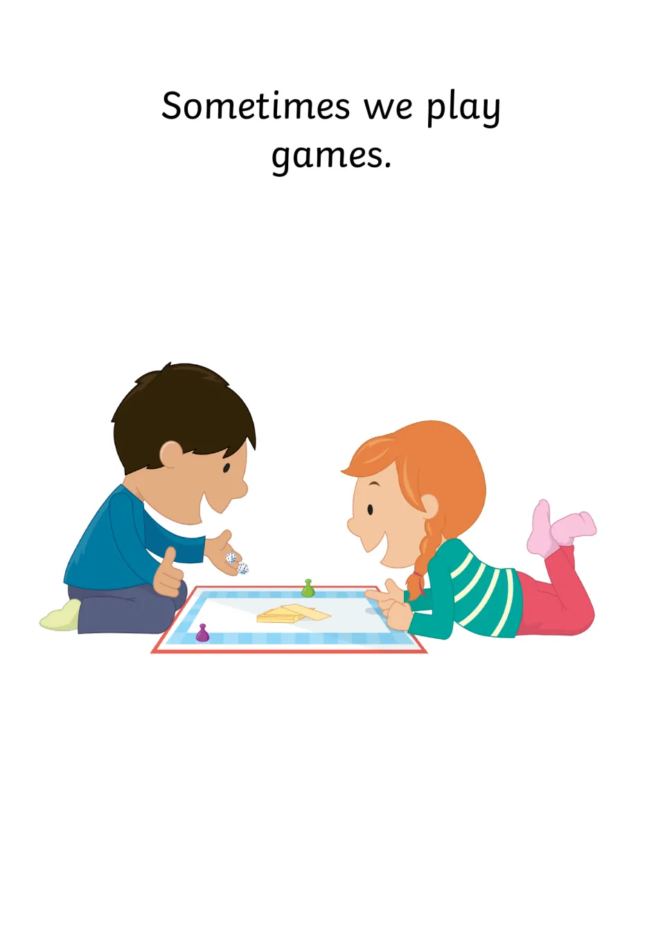 Playing games: social story page with two children kneeling and lying beside a board game, one child holding dice
