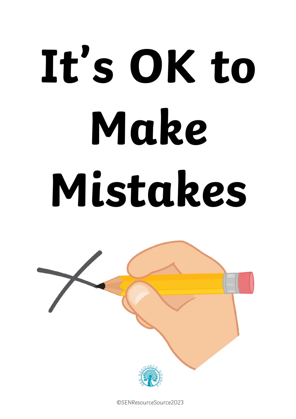 It's OK to Make Mistakes social story cover showing a hand drawing a cross mark with a yellow pencil