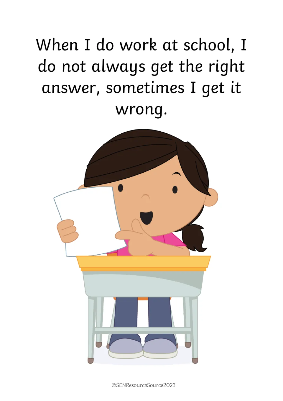 Getting answers wrong: a girl at her school desk reads her paper, showing that work is not always right