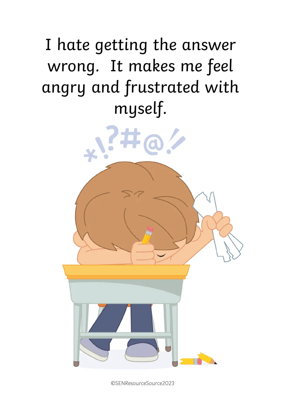 Feelings about errors: a boy slumps on his desk clutching crumpled paper, angry and frustrated with himself