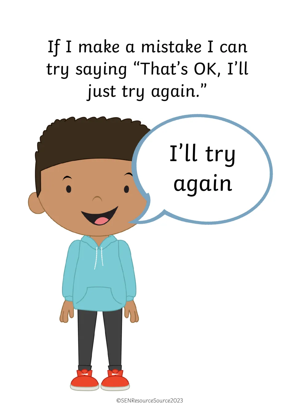 Positive self-talk: a smiling boy with a speech bubble saying I'll try again after making a mistake