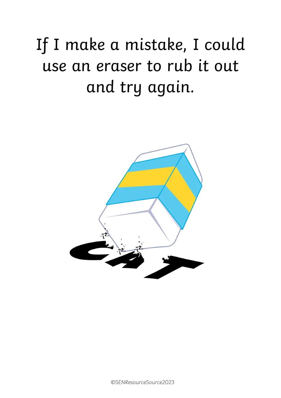 Correcting mistakes with an eraser: an eraser rubs out the word CAT so the writer can try again