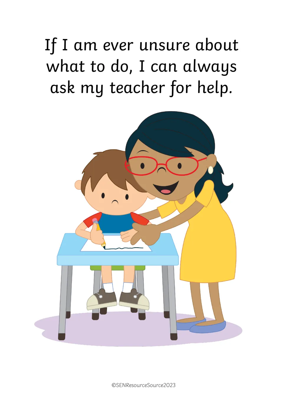 Asking for help: a teacher leans over a boy's desk to guide his writing when he is unsure what to do