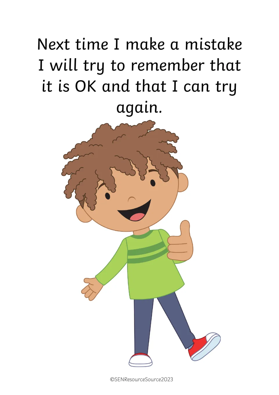 Story ending: a smiling boy gives a thumbs up, planning to remember next time that he can try again