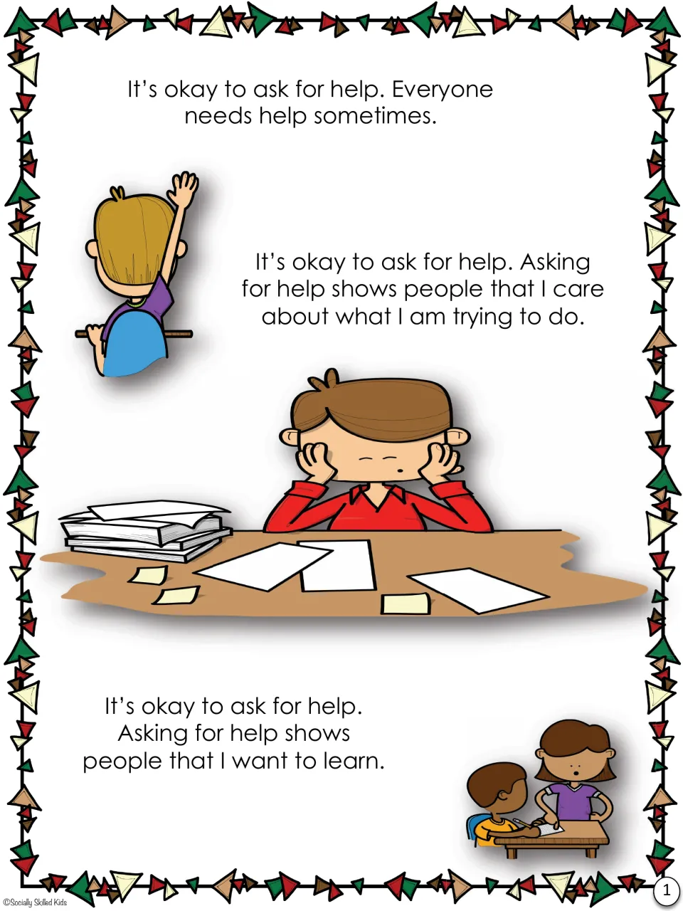 Why asking is okay: story page saying everyone needs help and that asking shows you care and want to learn
