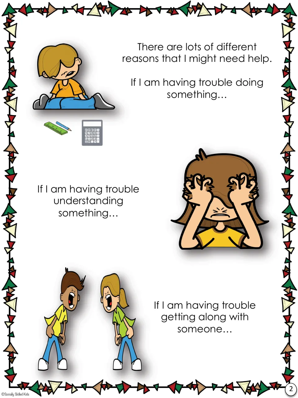 Reasons to need help: story page naming trouble doing something, understanding something, or getting along with someone