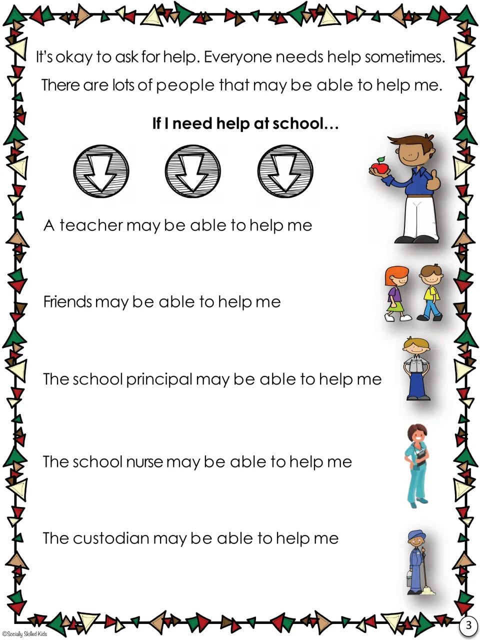 Helpers at school: story page listing a teacher, friends, the principal, the nurse and the custodian as people to ask
