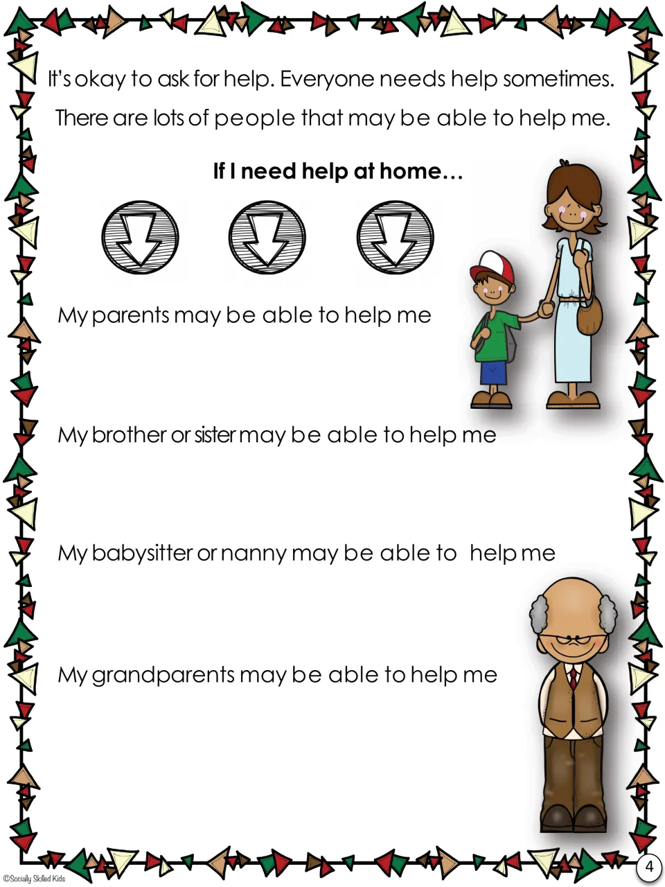 Helpers at home: story page naming parents, a brother or sister, a babysitter or nanny, and grandparents who can help