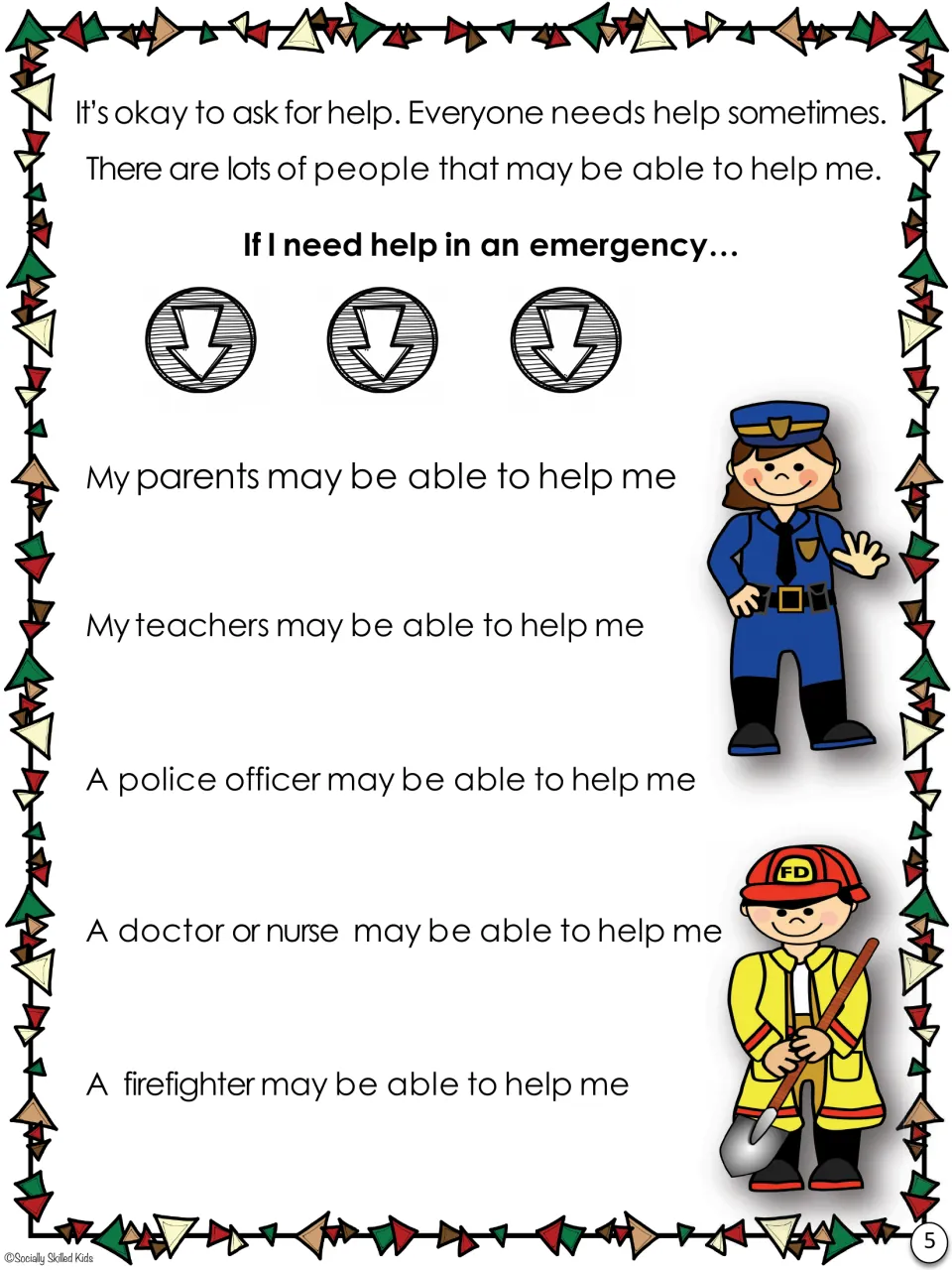 Emergency helpers: story page naming parents, teachers, a police officer, a doctor or nurse, and a firefighter