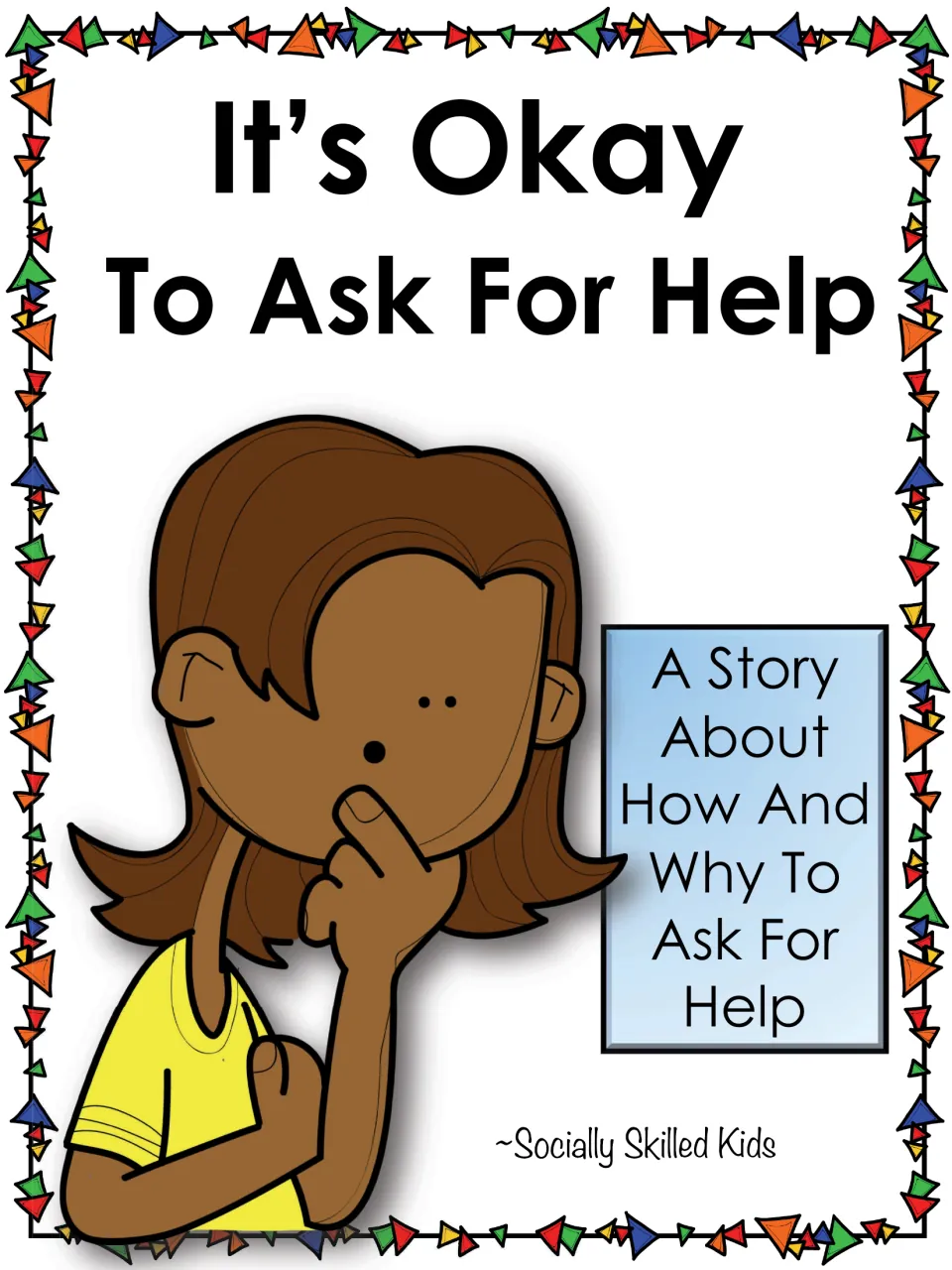Story title page showing a girl in a yellow shirt thinking, with the subtitle about how and why to seek help