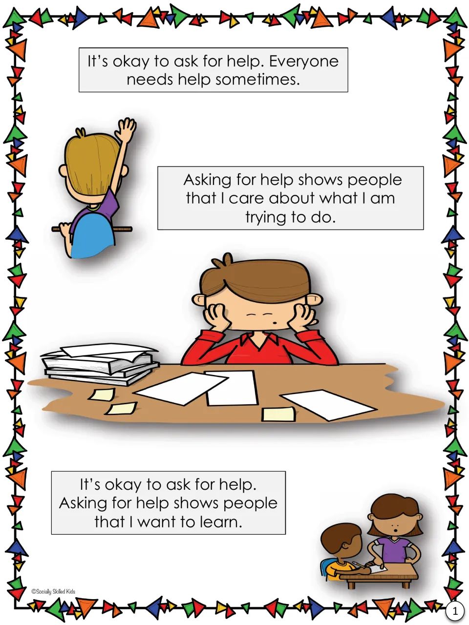Social story page: everyone needs help sometimes, and asking shows you care and want to learn; a child raises a hand