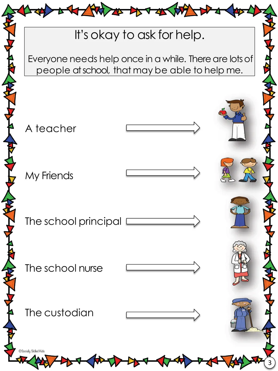 People at school who can help: a teacher, friends, the principal, the school nurse and the custodian, each pictured