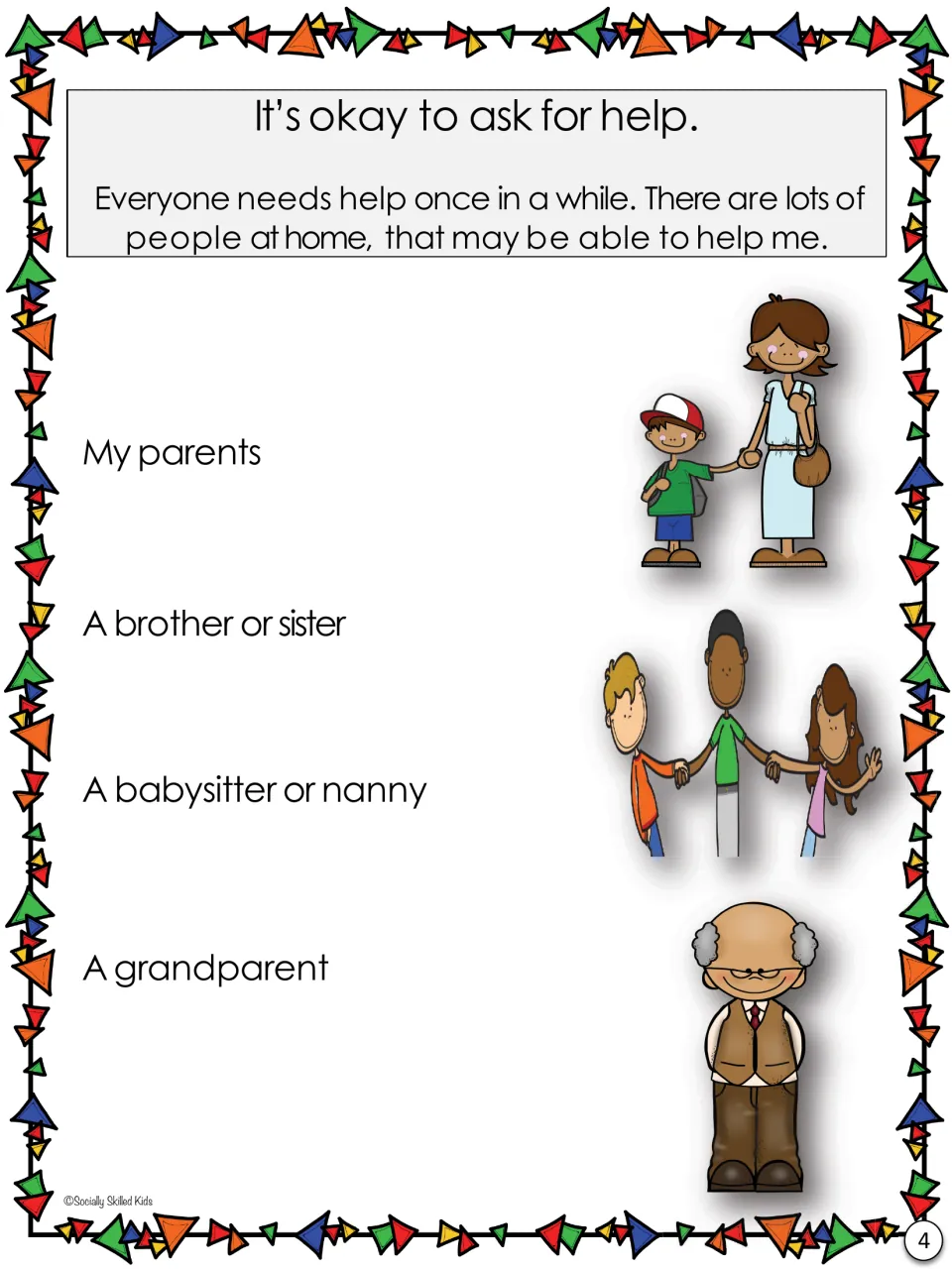 People at home who can help: parents, a brother or sister, a babysitter or nanny, and a grandparent, with pictures