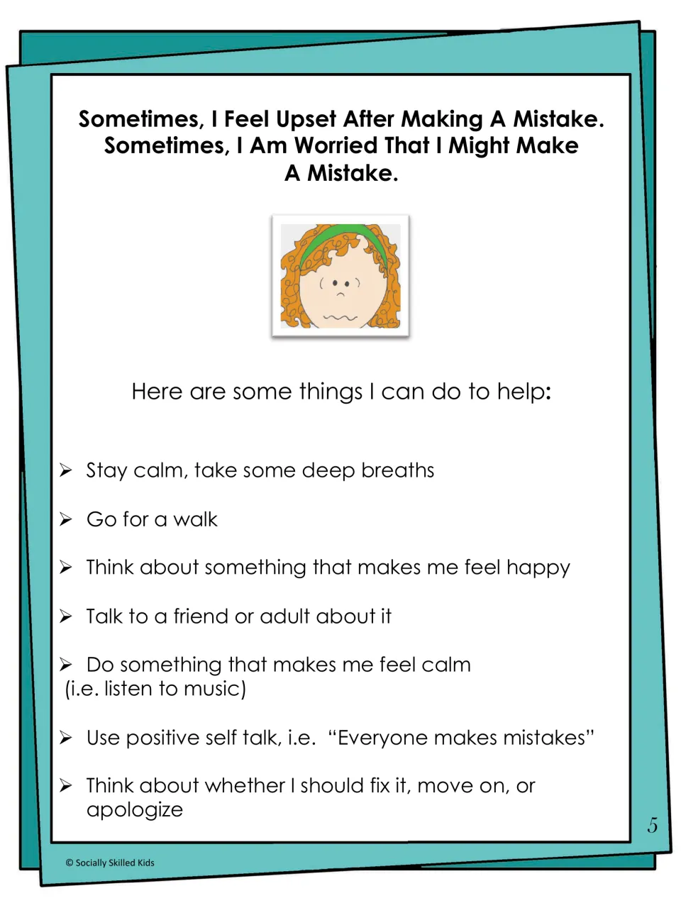 Coping with upset or worry after a mistake: a list of calming strategies like deep breaths, a walk, and positive self-talk