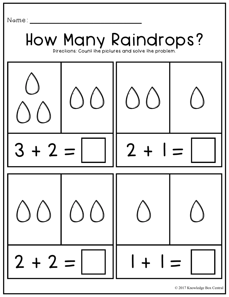 How Many Raindrops? addition: students count two groups of raindrops and solve 3+2, 2+1, 2+2 and 1+1 to find each sum