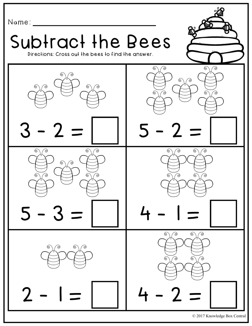 Subtract the Bees: students cross out bees to solve six take-away problems such as 3-2, 5-3, 4-1 and 4-2 within 5