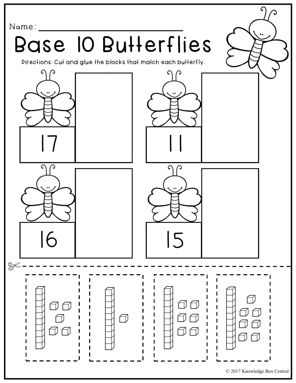 Base 10 Butterflies: students cut out base ten block cards and glue each beside the matching number 17, 11, 16 or 15