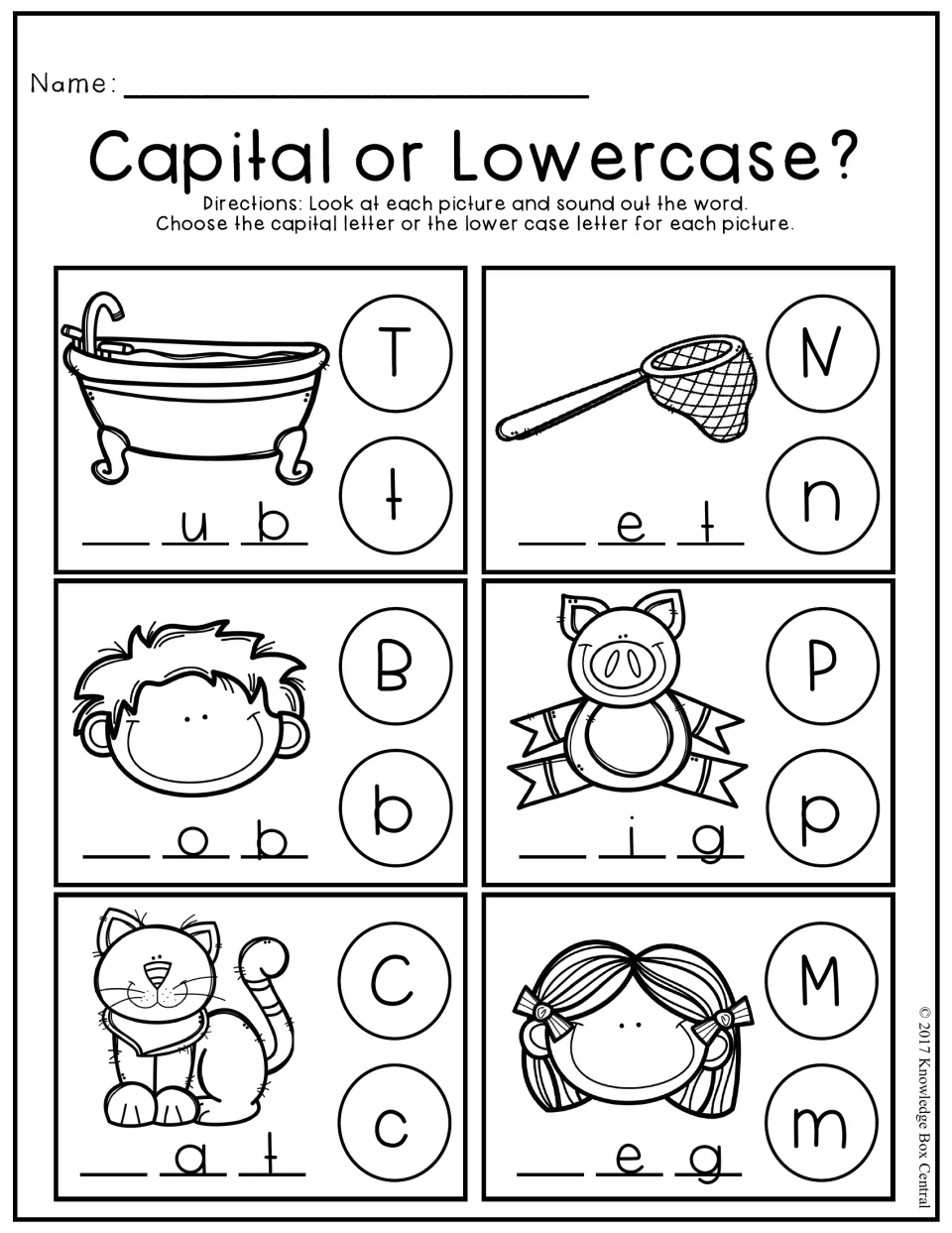 Capital or Lowercase? Six picture prompts ask students to choose initial letters for tub, net, Bob, pig, cat, and Meg