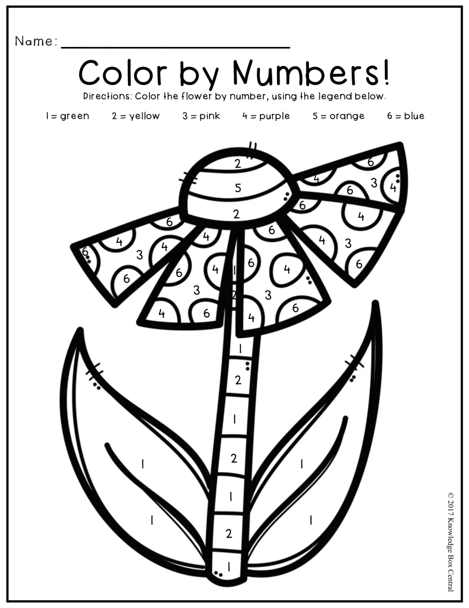 Color by number flower: students match numbers 1 to 6 to a color key (green, yellow, pink, purple, orange, blue) to color it