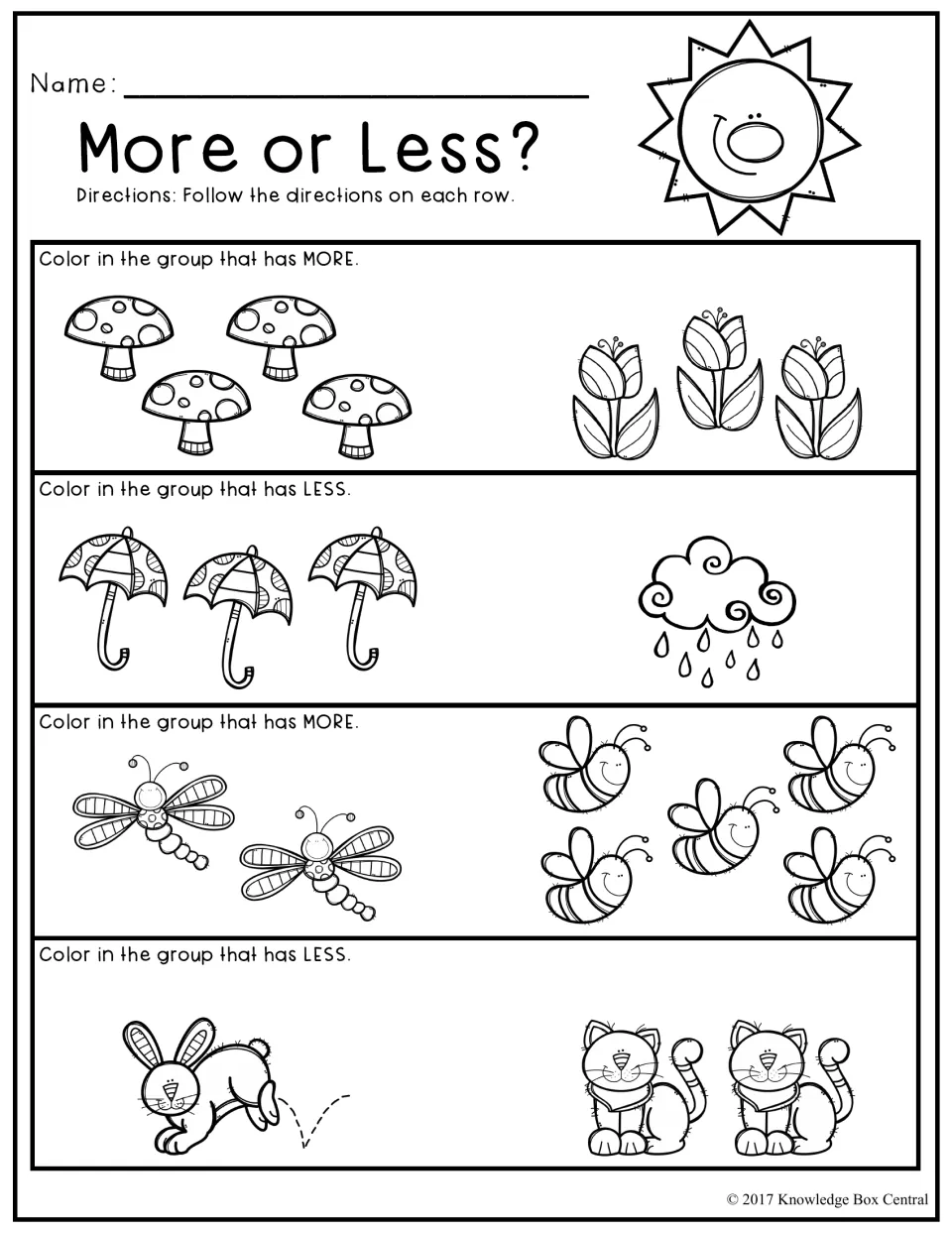 More or Less? Students color the group with more or less in four rows: mushrooms vs tulips, umbrellas, bees, cats
