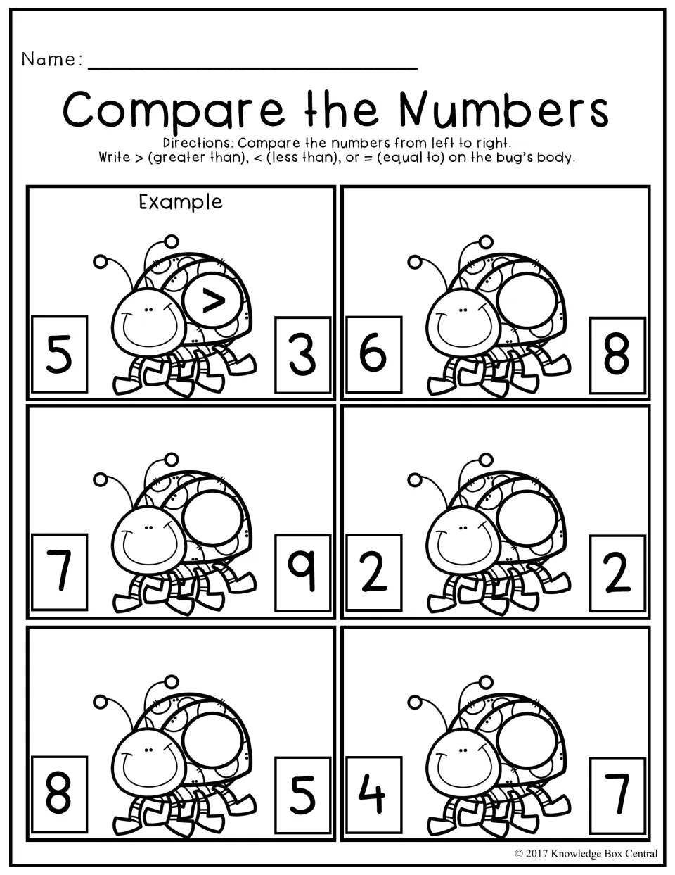 Compare the Numbers: students write >, < or = on each bug between two numbers, such as 6 and 8, with 5 > 3 as example