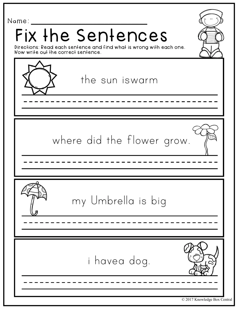 Fix the Sentences: students find capital, spacing and punctuation errors in 4 spring sentences, then rewrite each correctly
