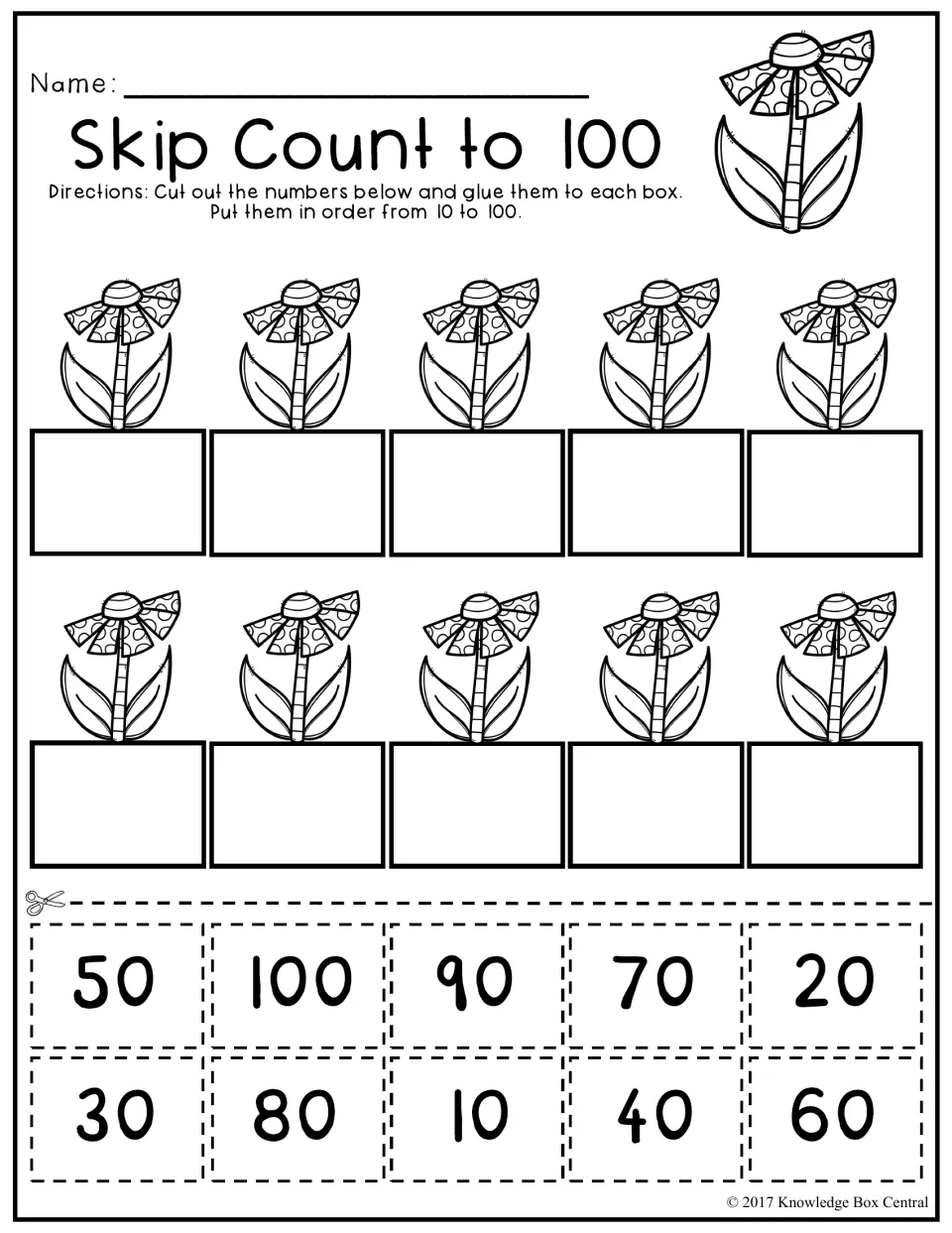 Skip Count to 100: students cut out number tiles 10 to 100 and glue them in order under 10 flowers, counting by tens