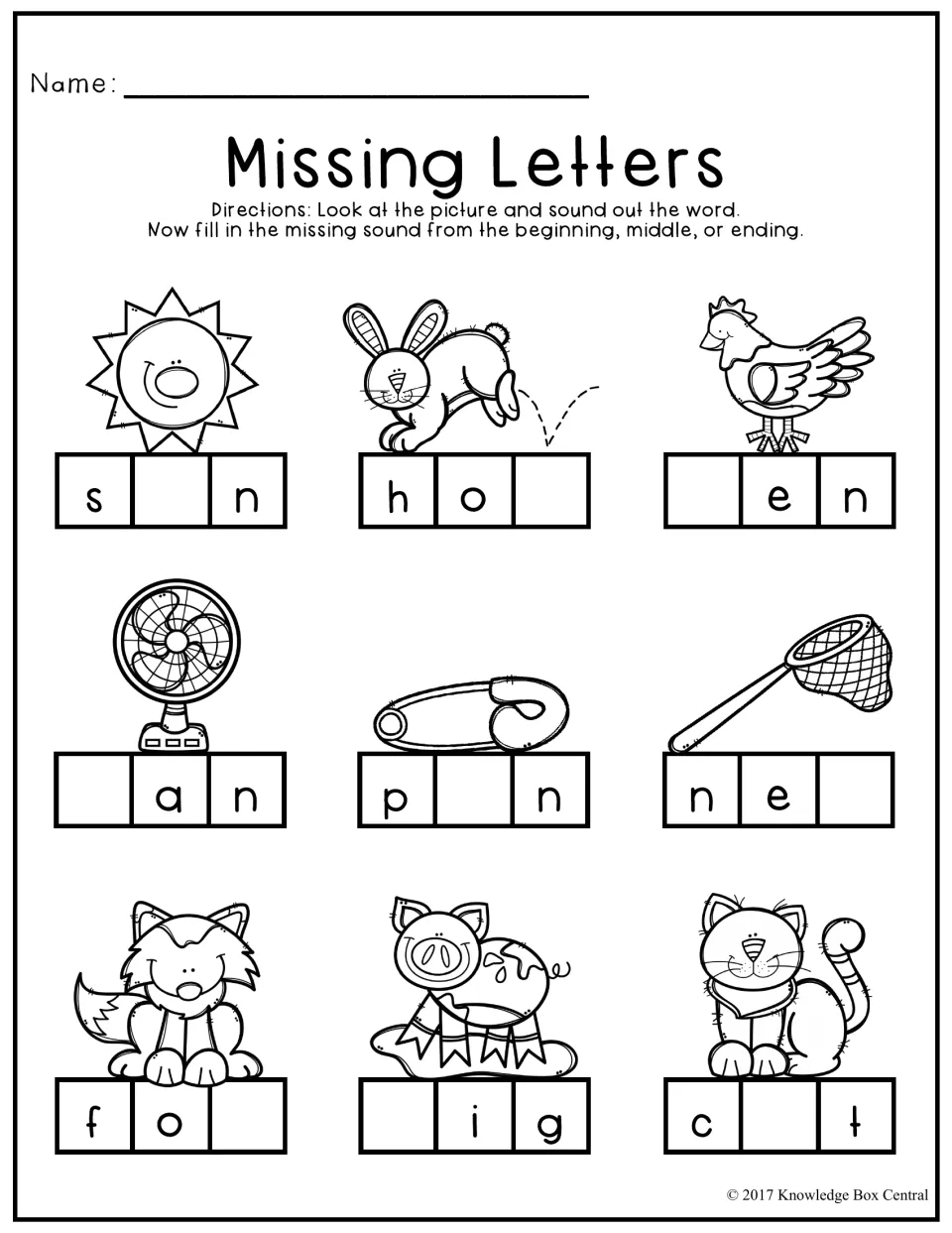 Missing Letters: students name 9 pictures such as sun, hen and pig and write the missing beginning, middle or ending sound