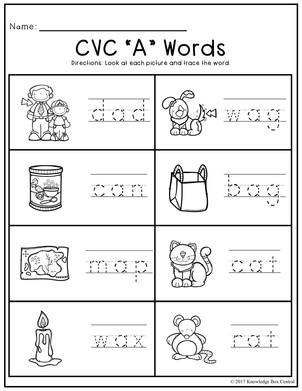 CVC "A" Words: students look at each picture and trace short a words such as dad, wag, can, bag, map, cat, wax and rat