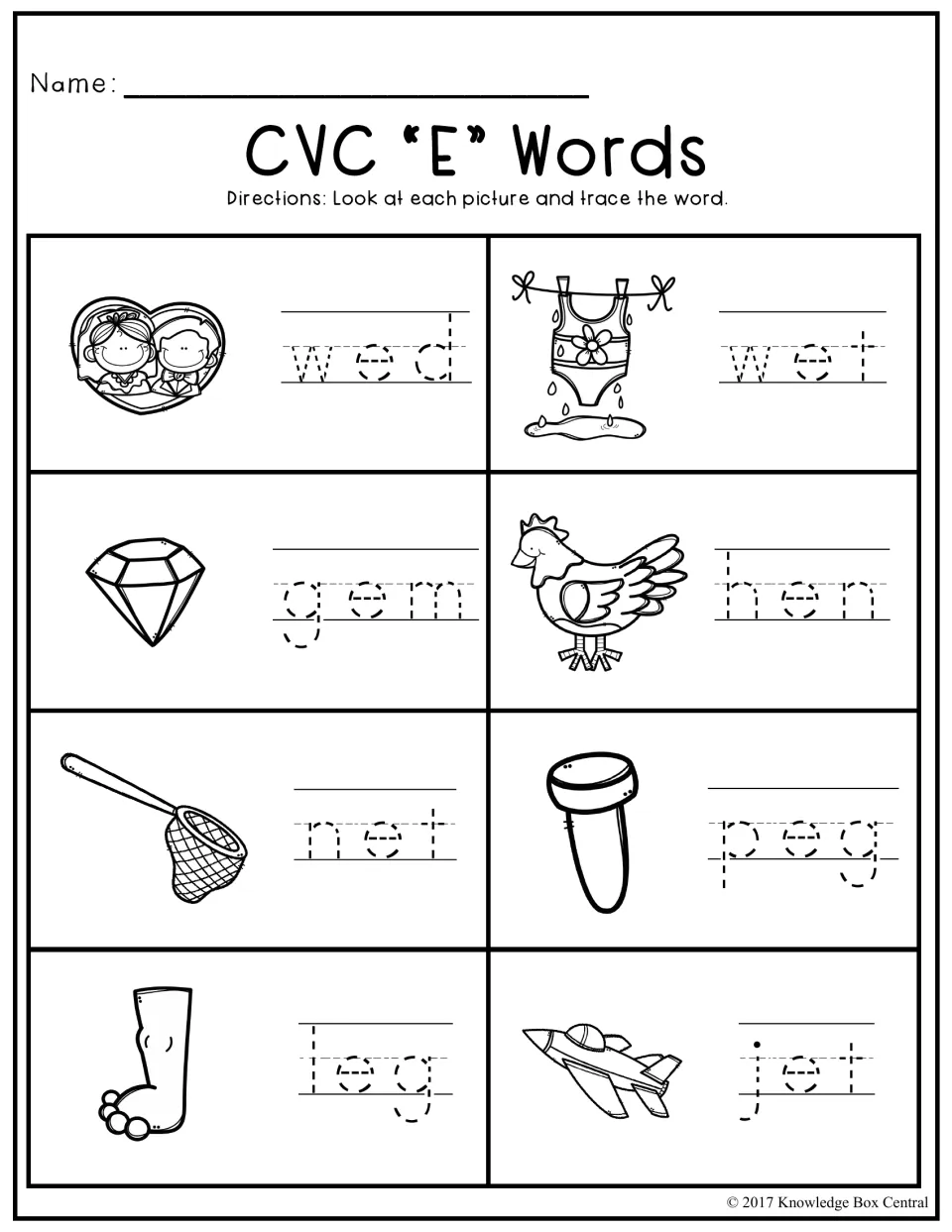 CVC "E" Words: students trace short e words beside pictures of wed, wet, gem, hen, net, peg, leg and jet