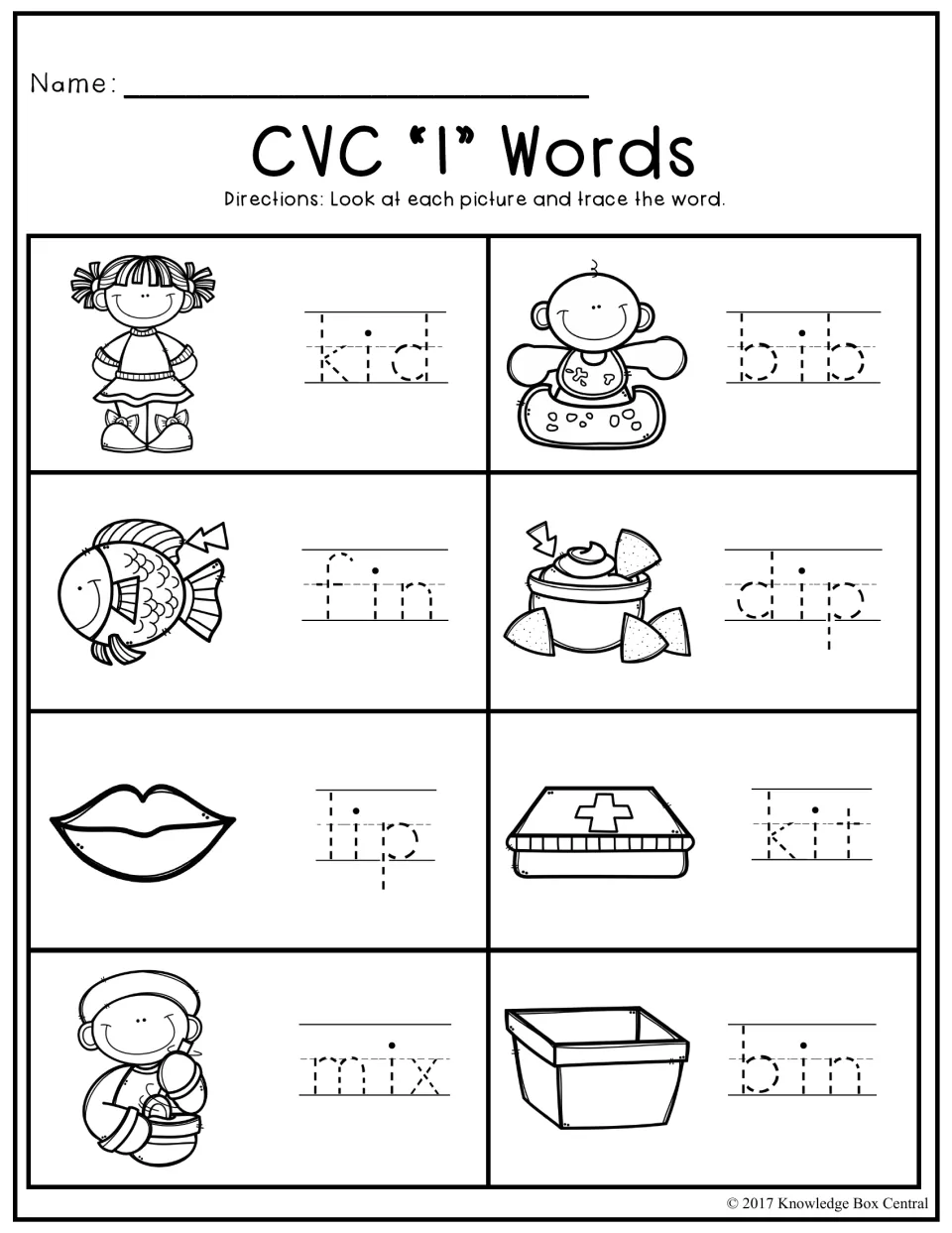 CVC "I" Words: students trace the short i words kid, bib, fin, dip, lip, kit, mix and bin under matching pictures