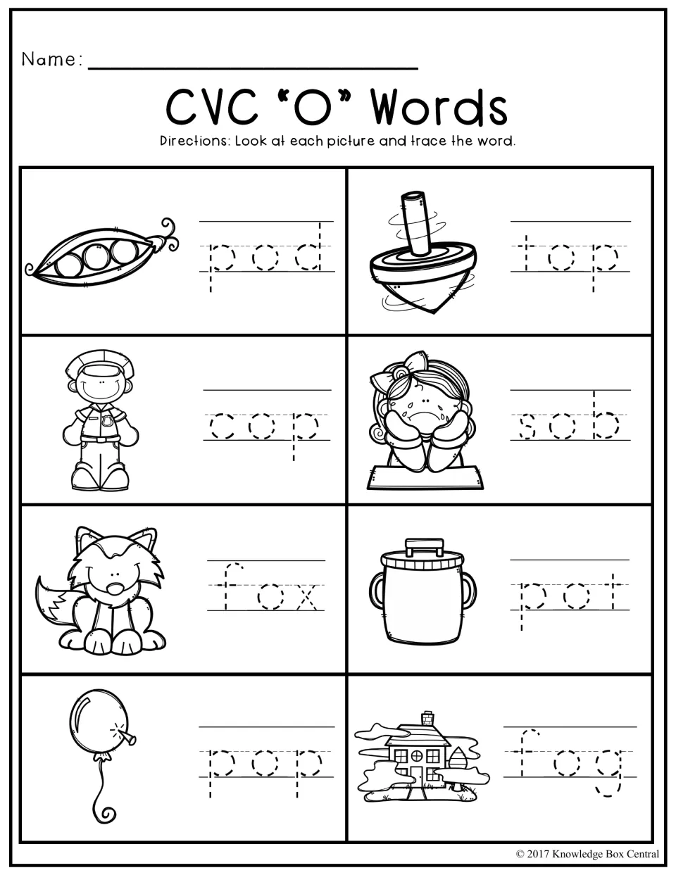 CVC "O" Words: students trace short o words pod, top, cop, sob, fox, pot, pop and fog next to each picture