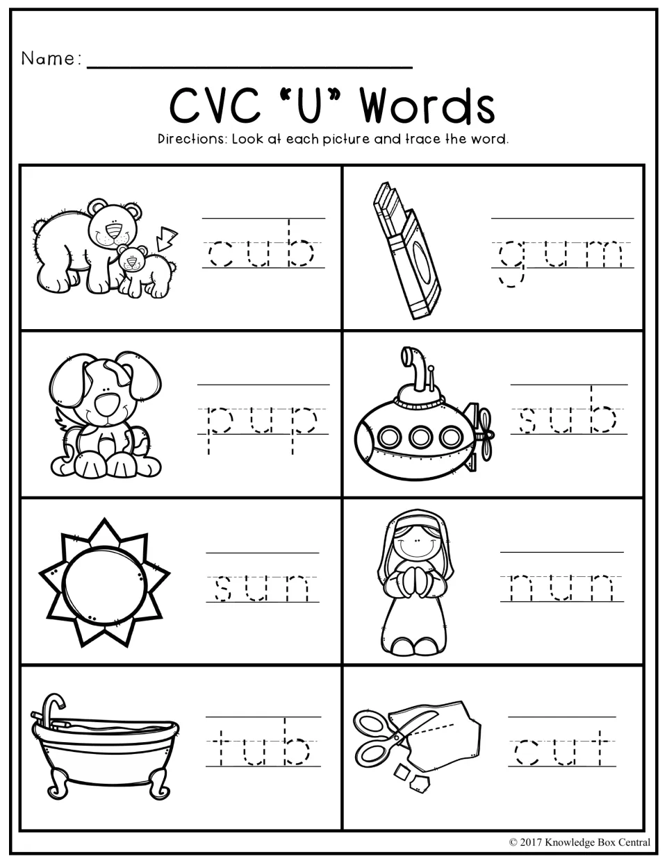 CVC "U" Words: students trace short u words cub, gum, pup, sub, sun, nun, tub and cut while naming each picture