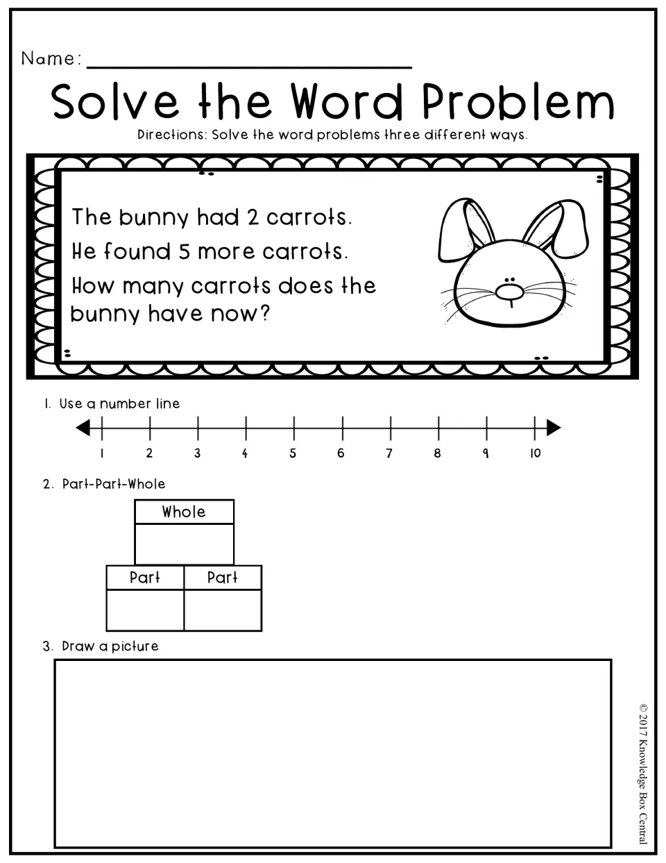 Bunny carrot addition word problem, 2 + 5: students solve three ways, on a 1-10 number line, part-part-whole and a drawing