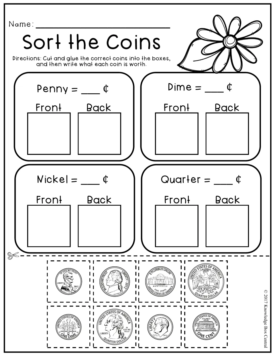Sort the Coins: students cut out pennies, nickels, dimes and quarters, glue each coin's front and back, and write its value