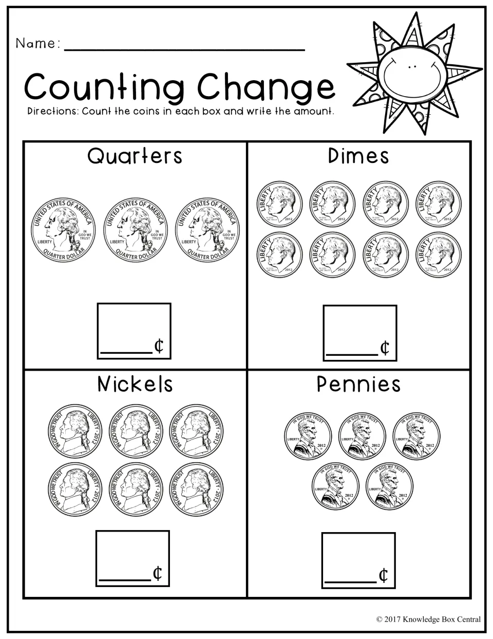 Counting Change: students count 3 quarters, 8 dimes, 6 nickels and 5 pennies and write each group's total in cents