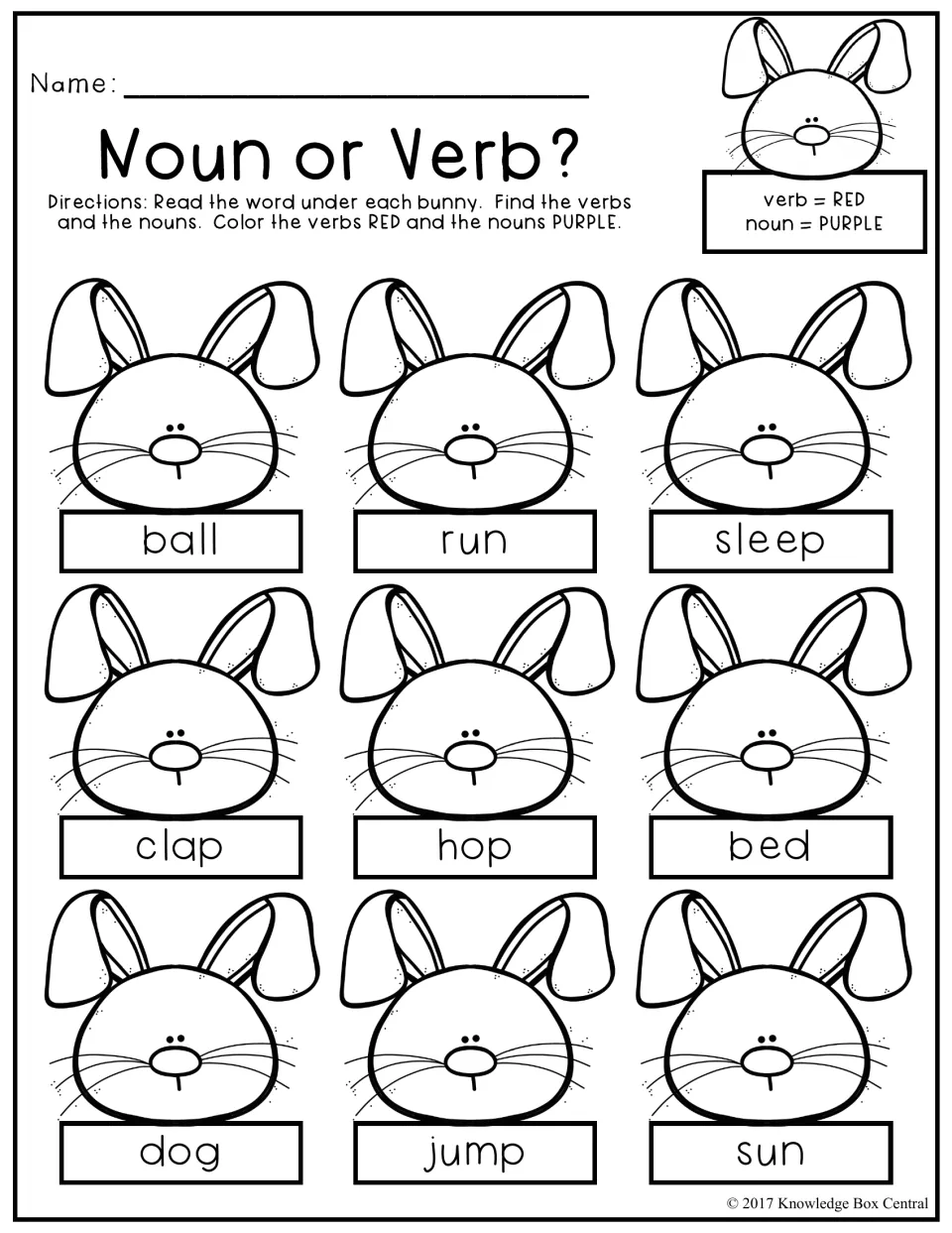 Noun or Verb? Students read the word under each of 9 bunnies, coloring verbs like hop red and nouns like dog purple