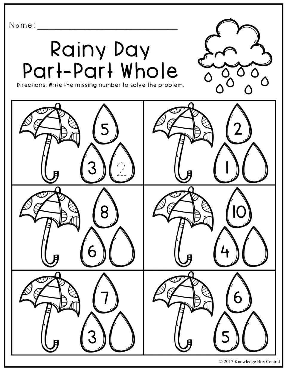 Rainy Day part-part-whole: students write the missing raindrop number for 6 umbrella problems with wholes up to 10