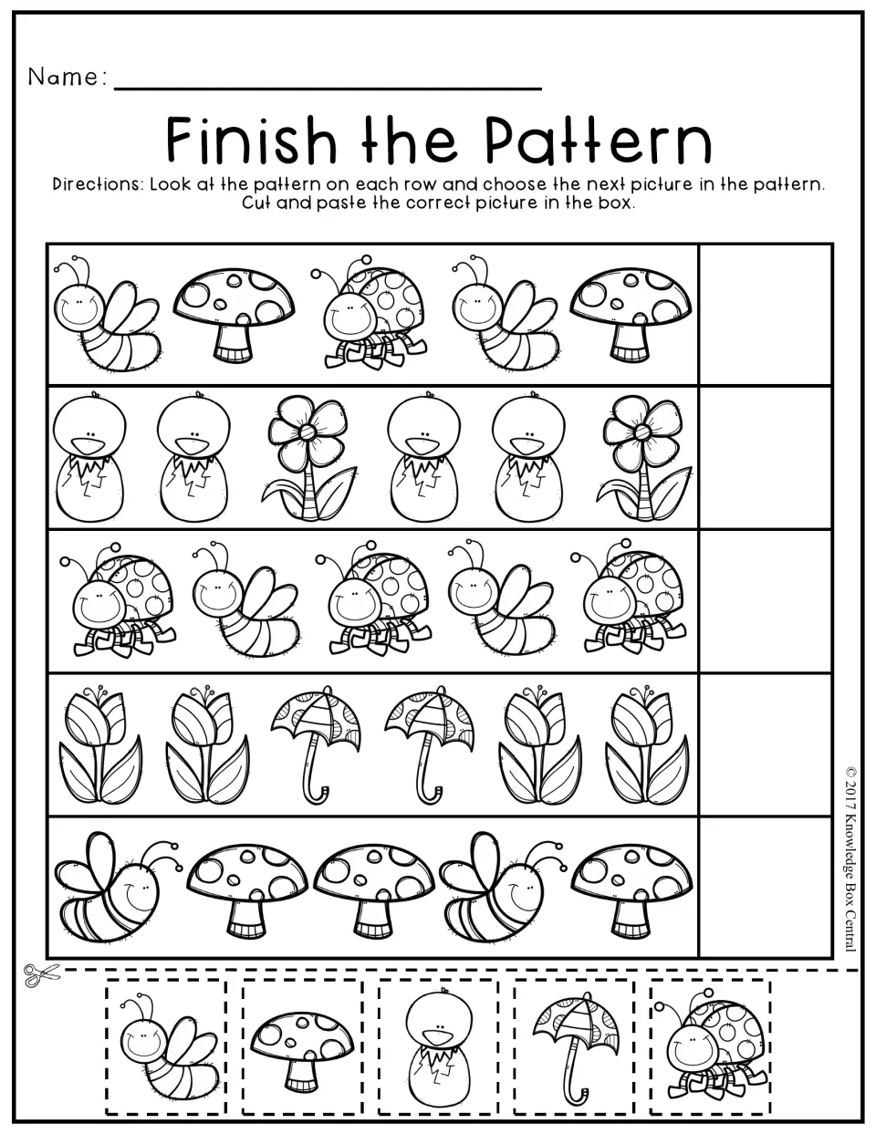 Finish the Pattern: students cut out bee, mushroom, bird, umbrella and ladybug pictures to paste the next item in 5 rows