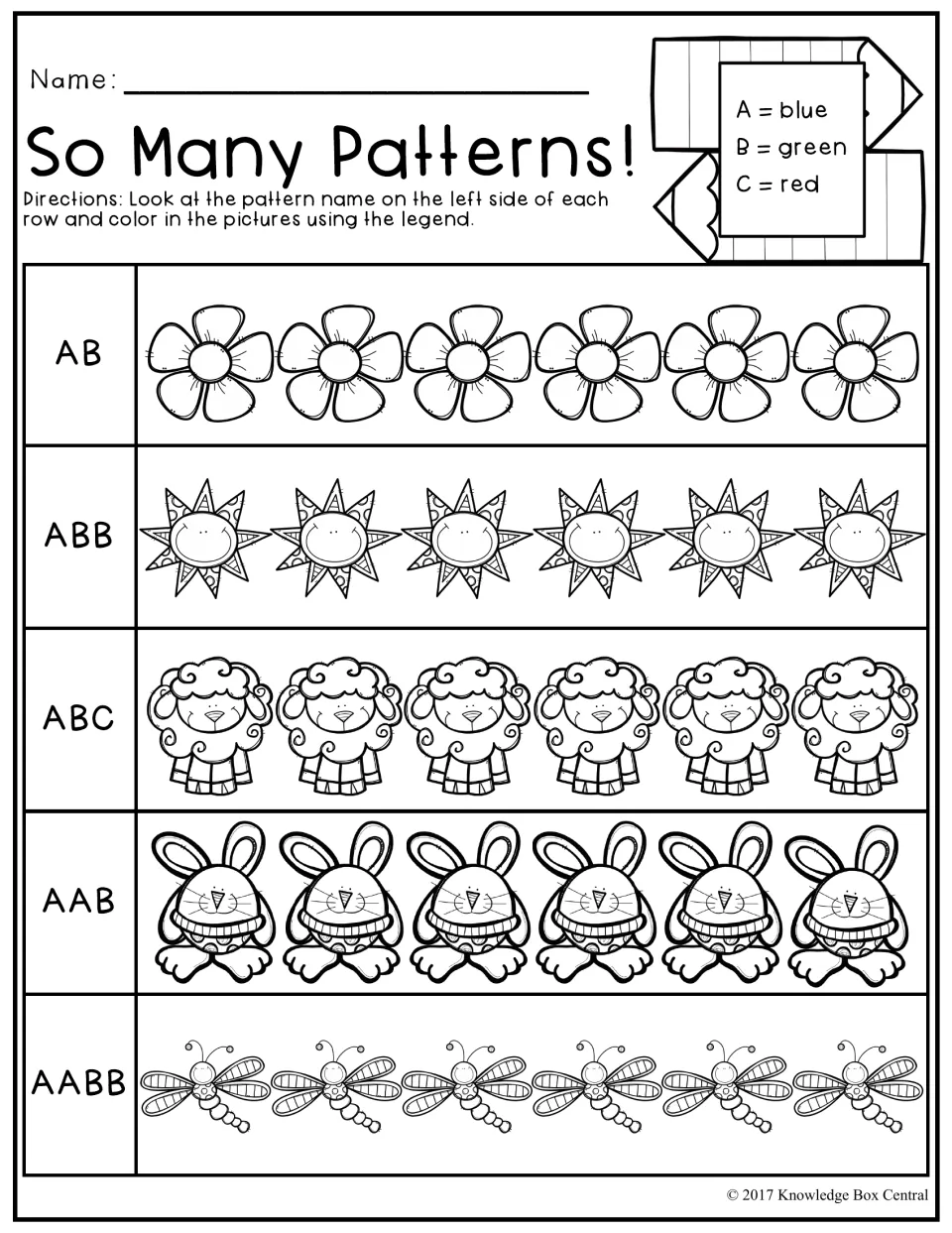 So Many Patterns!: students color flowers, suns, sheep, bunnies and dragonflies in AB, ABB, ABC, AAB and AABB patterns