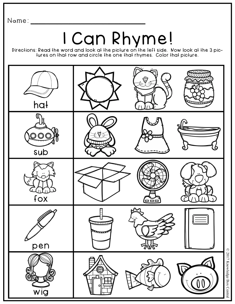 I Can Rhyme! activity: choose and color a rhyming picture for each word: hat, sub, fox, pen, and wig