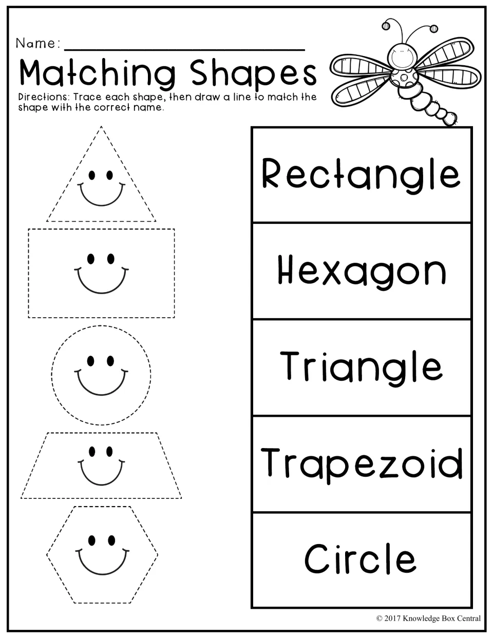 Matching Shapes: students trace a triangle, rectangle, circle, trapezoid and hexagon, then draw lines to the shape names