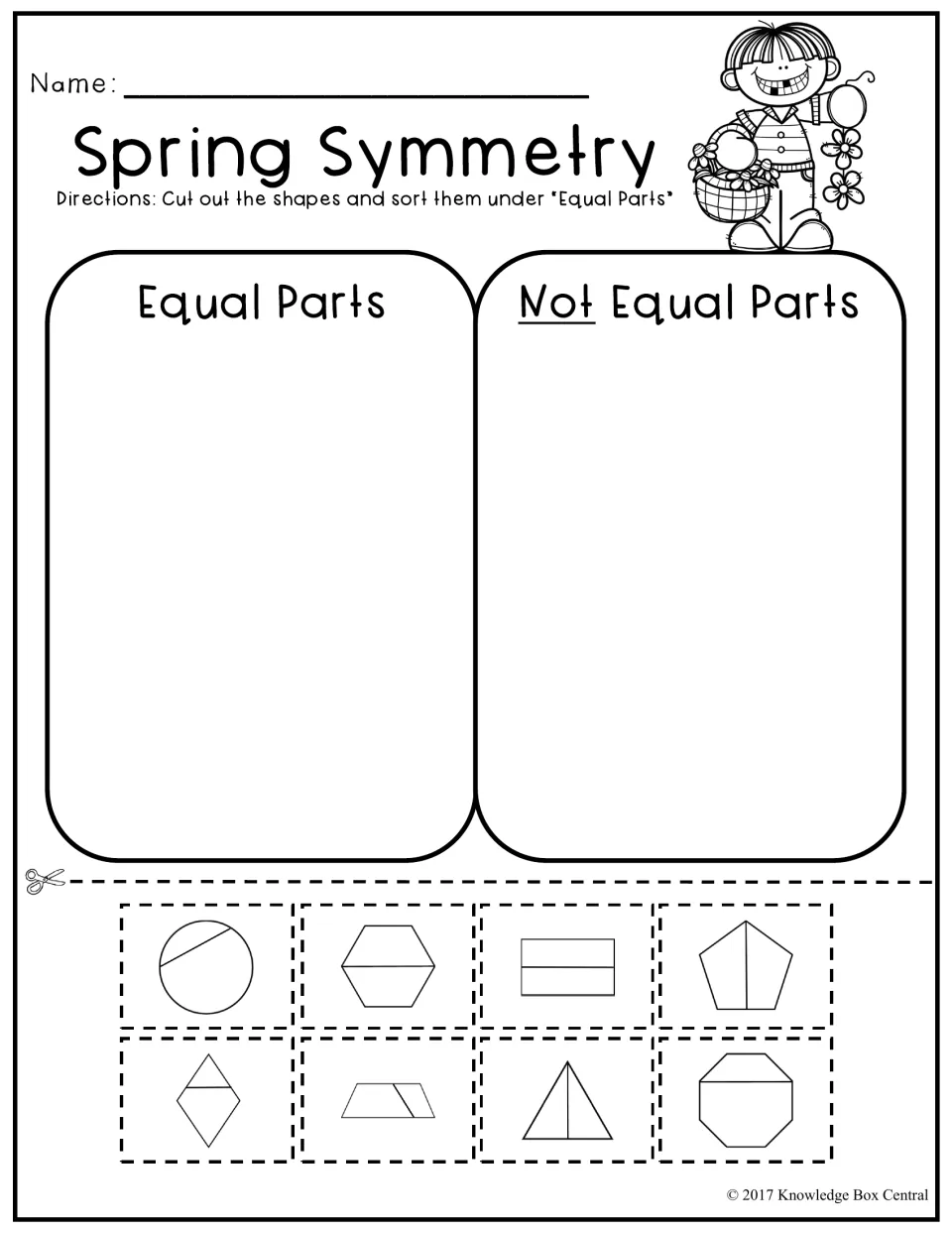 Spring Symmetry: students cut out 8 shapes split by a line and sort them under Equal Parts or Not Equal Parts