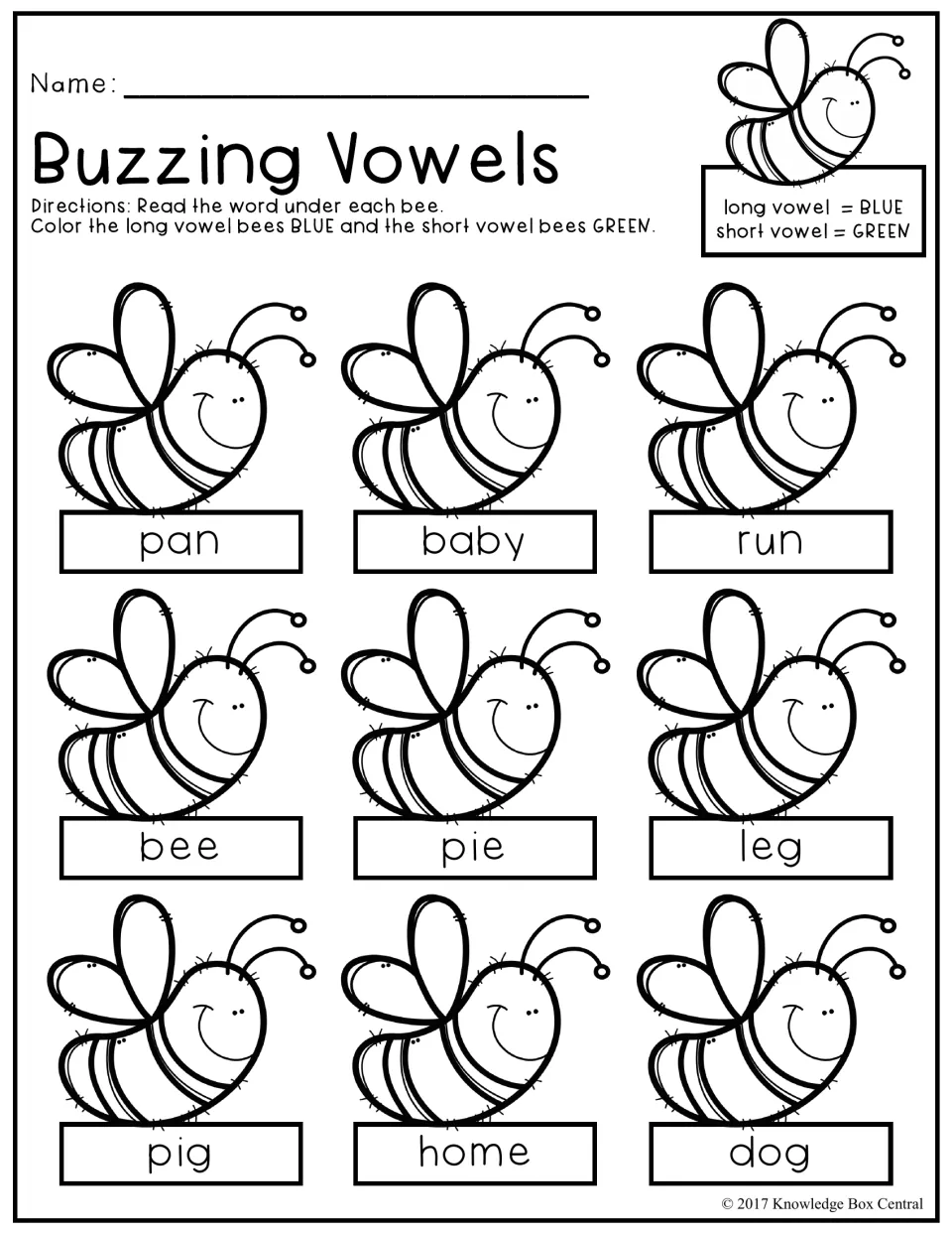 Buzzing Vowels: students read the word under each of 9 bees, then color long vowel bees blue and short vowel bees green
