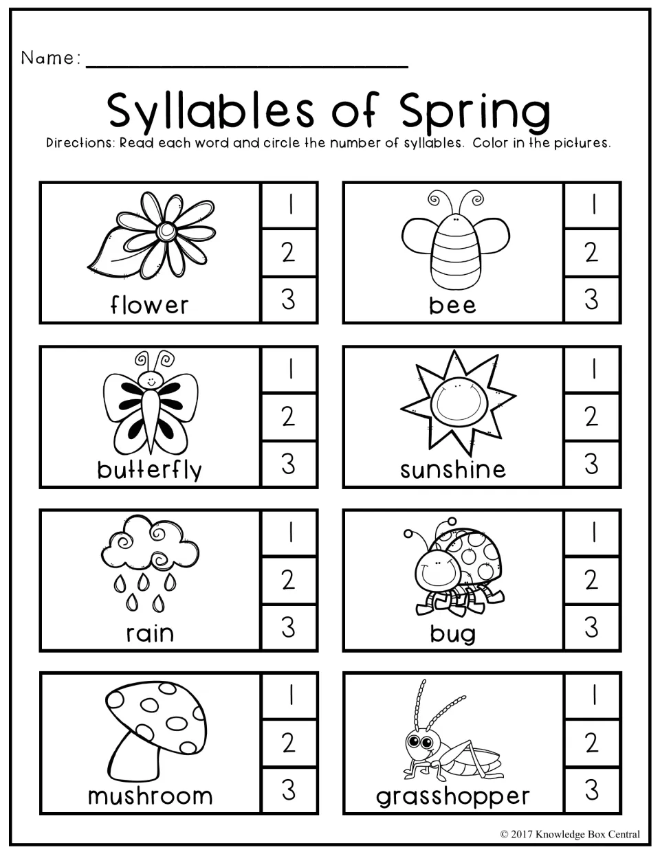 Syllables of Spring: students read 8 spring words like flower, butterfly and grasshopper and circle 1, 2 or 3 syllables
