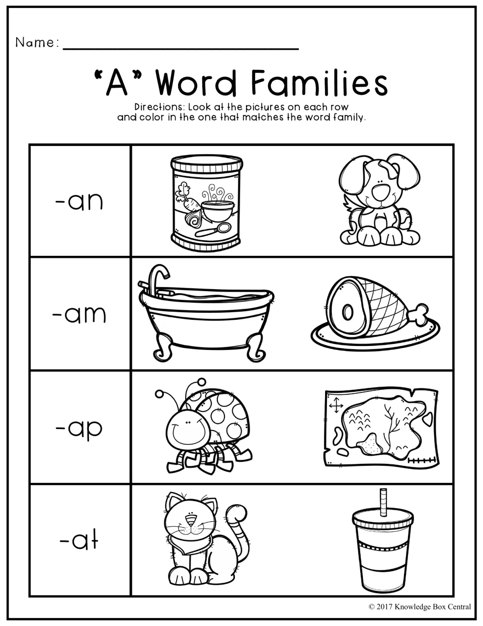 Short a word families: for -an, -am, -ap and -at, students color the picture that fits, such as can, ham, map and cat
